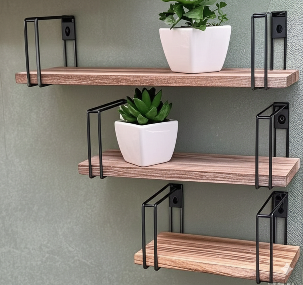 MODERN RUSTIC FLOATING WALL SHELVES WITH INDUSTRIAL METAL BRACKETS (SET OF 3)
