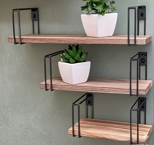 MODERN RUSTIC FLOATING WALL SHELVES WITH INDUSTRIAL METAL BRACKETS (SET OF 3)