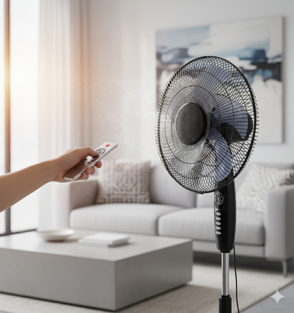 Pedestal standing fan with a round base and a remote control