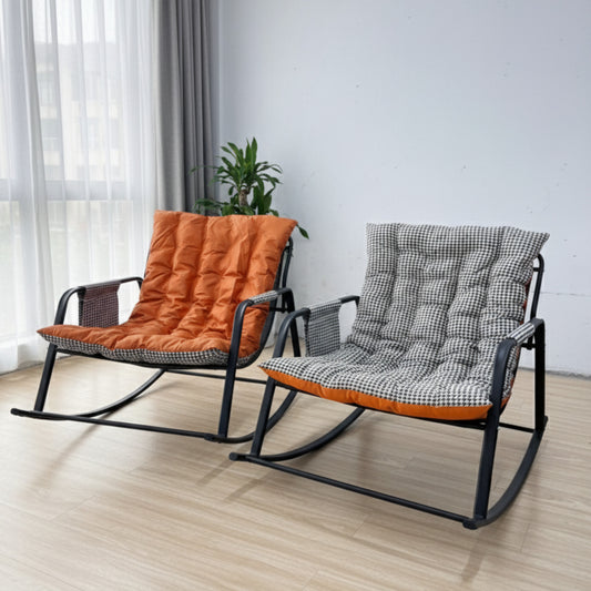 Modern double rocking chair with black metal frame and thick houndstooth cushions