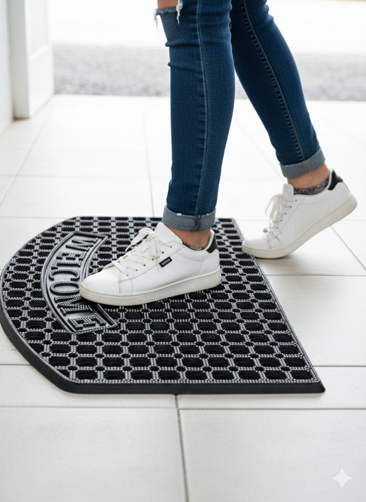 A thick rectangular grey doormat with a textured surface.