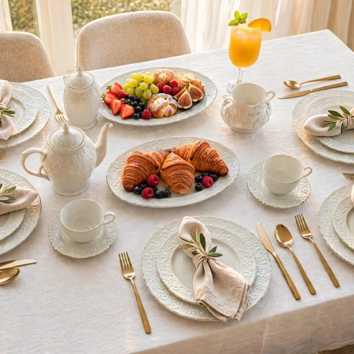 39Pcs White Porcelain Embossed Ceramic Dinner Set With Gold Rim