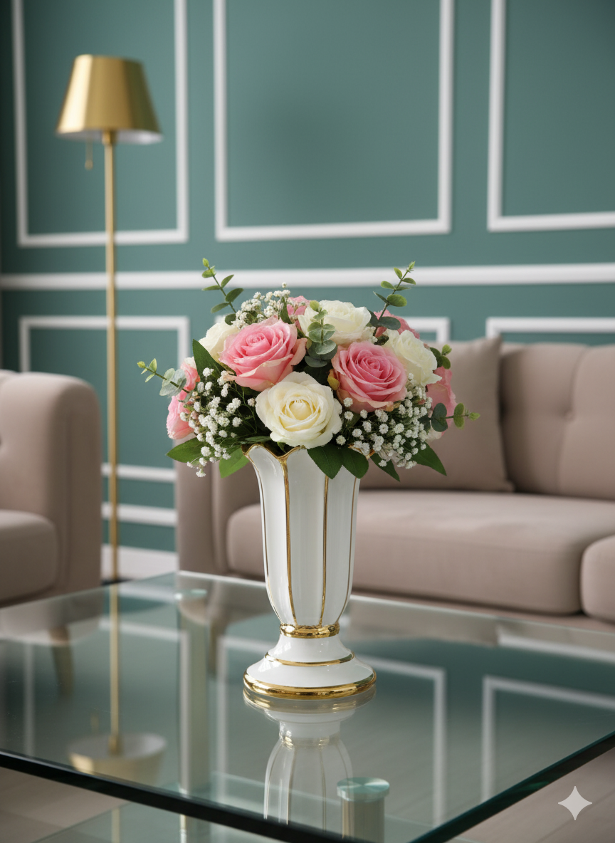 ELEGANT WHITE AND GOLD FLUTED CERAMIC VASE