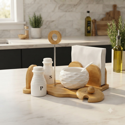 Ceramic Salt Pepper Sugar Dish And Serviette Holder Set