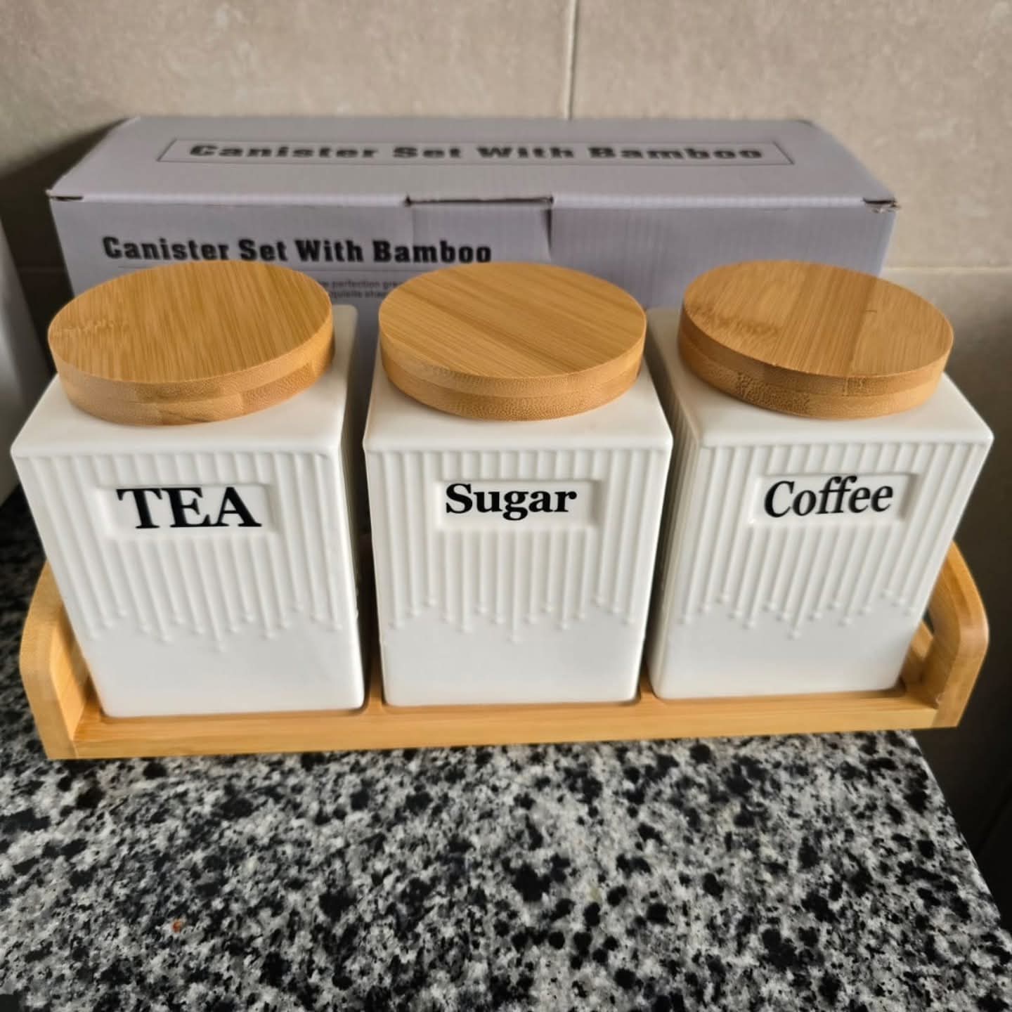 3Pc Ceramic Canister Set with Bamboo Tray
