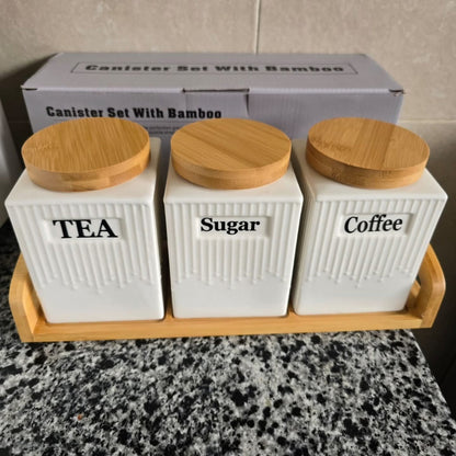 3Pc Ceramic Canister Set with Bamboo Tray