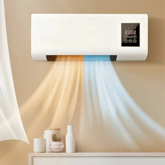 White wall-mounted air conditioning and heating unit with a digital display.