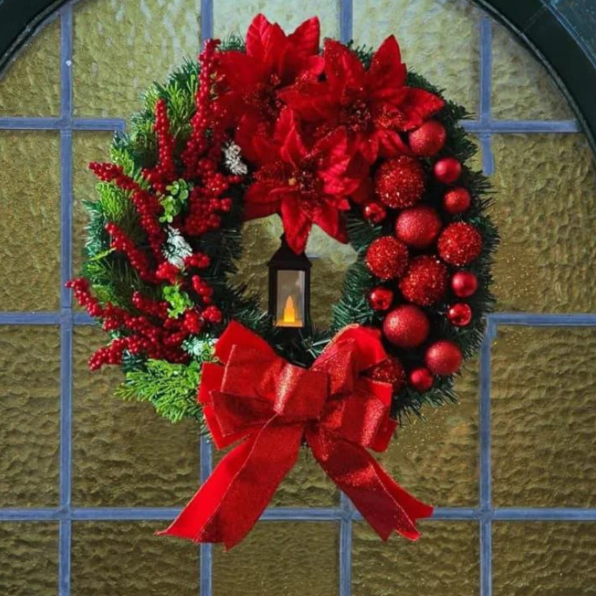 30Cm Christmas Front Door Wreath With LED Kerosene Lamp
