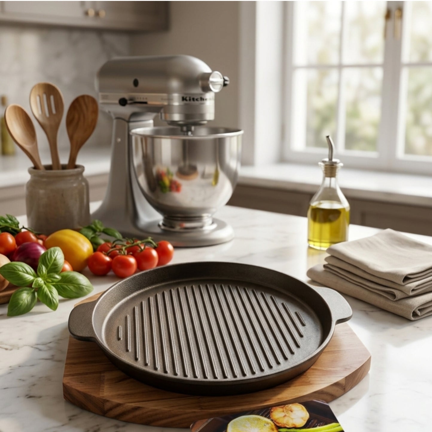Round Cast Iron Sizzling Grill Pan with Wooden Base