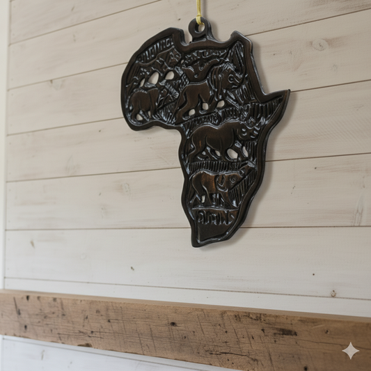 Dark ebony wood African map carving with embossed lion, elephant, rhino, leopard, and buffalo.