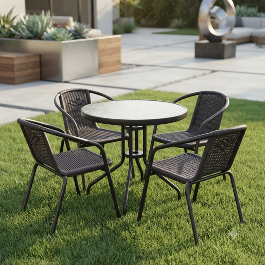 Round Wicker Lounge  Table and Four Chairs Dining Set