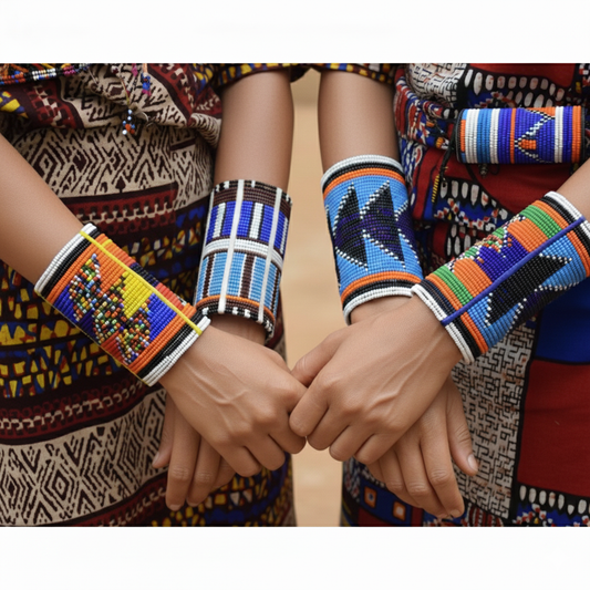 Long, vibrant, handcrafted cylindrical Maasai beaded bangles.
