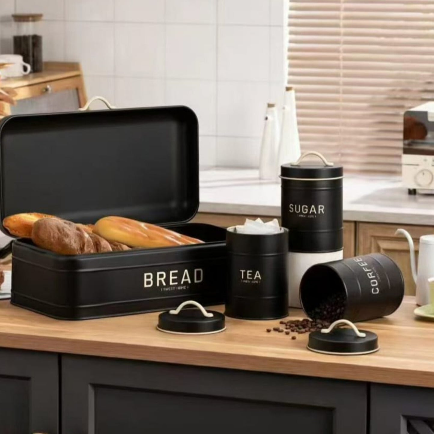 4PCs Bread Bin and Tea Sugar Coffee Storage Canister Set