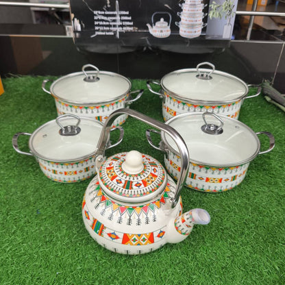 Enamel cookware set with tea pot