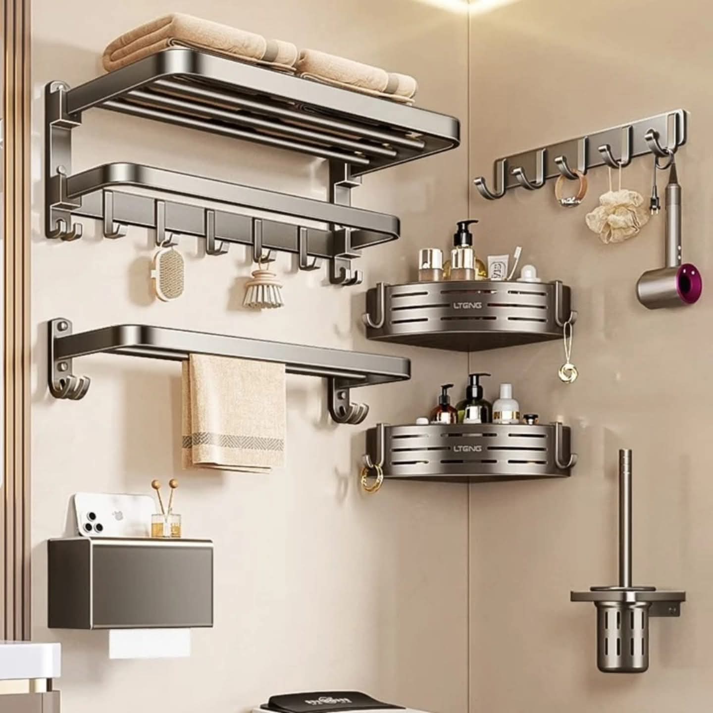 7 pcs black aluminum  towel accessories rack set
