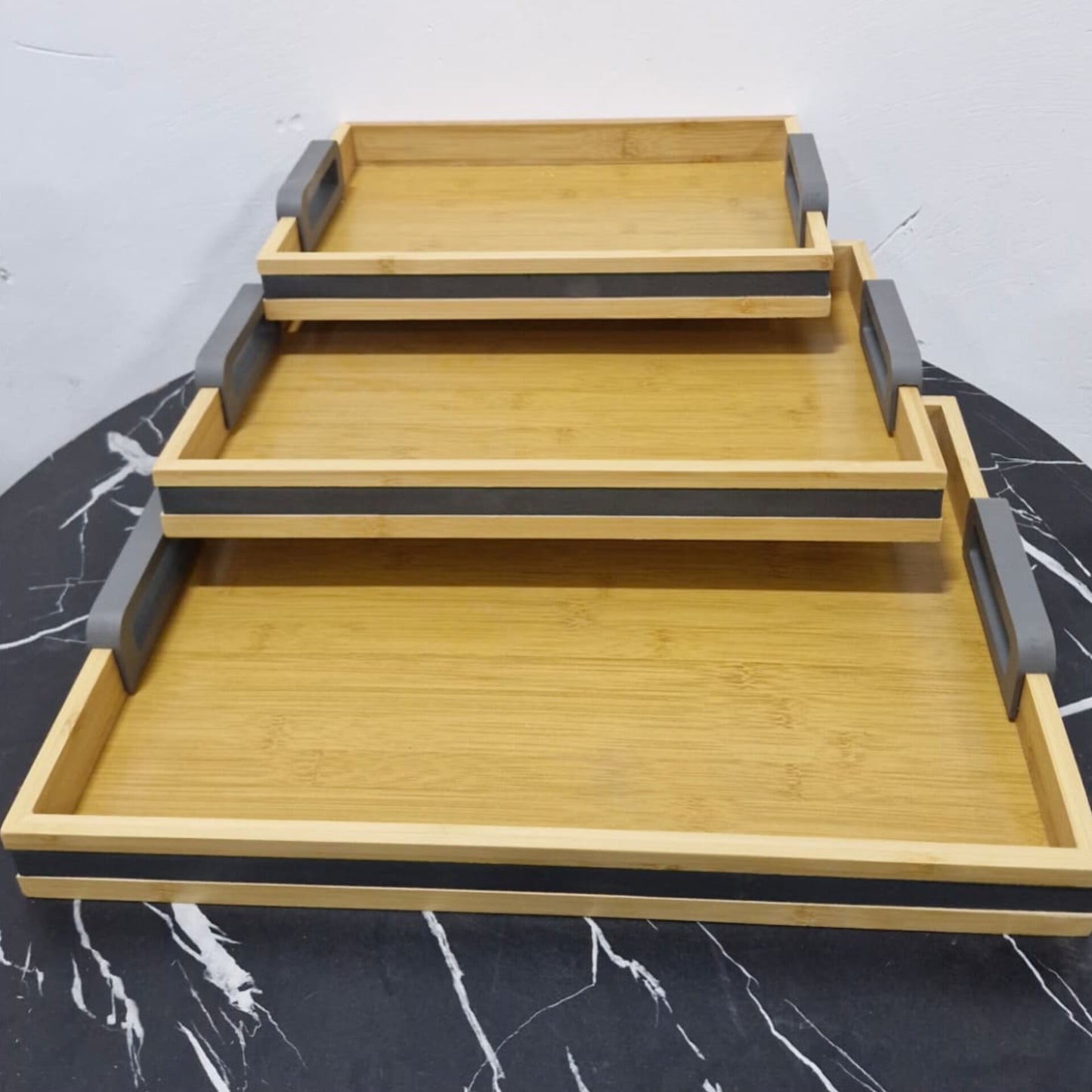 3Pcs Bamboo Nesting Tray Set with Grey Handles