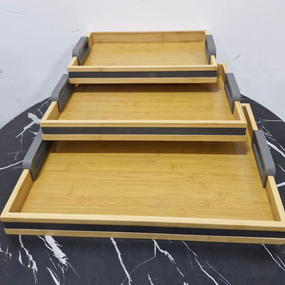 3Pcs Bamboo Nesting Tray Set with Grey Handles