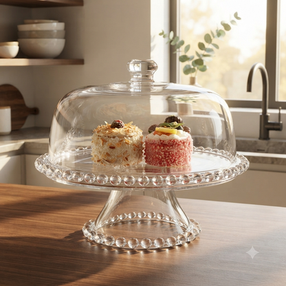 30cm Beaded Glass Cake Stand with Glass Dome Lid