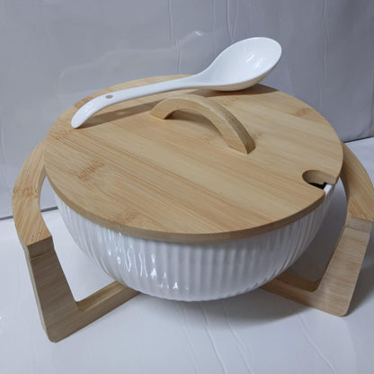 Ceramic Salad Bowl With Bamboo Stand And Lid