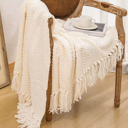 Tasseled Knit Throw Blanket for Sofa and Bed
