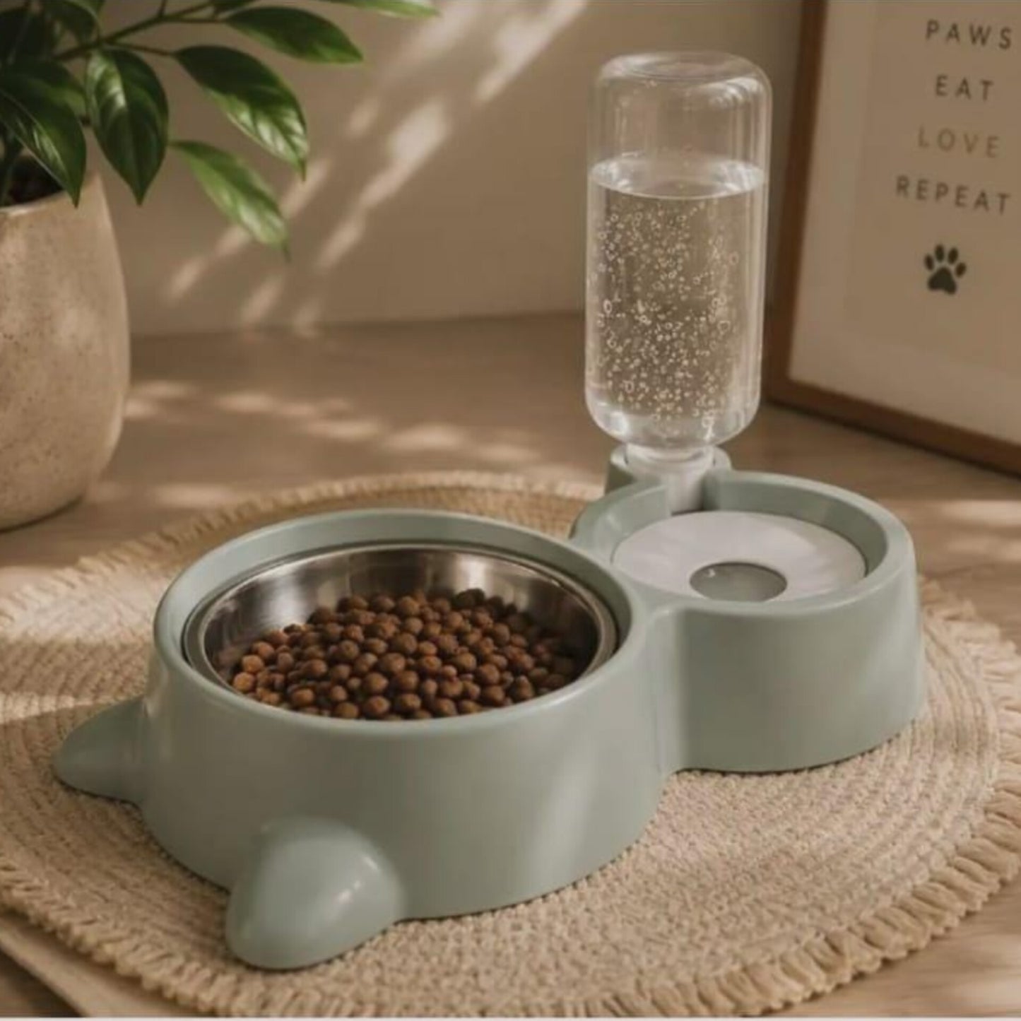 2 in 1 Sage Green Pet Feeder and Water Dispenser