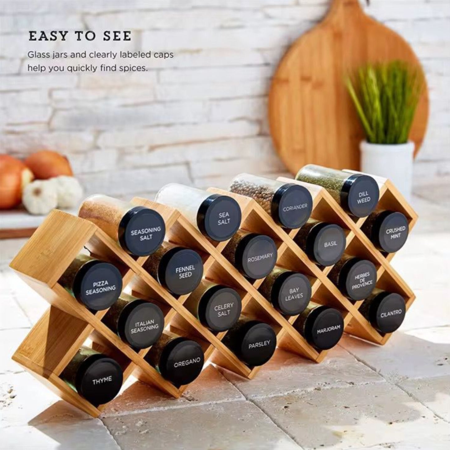 Wooden Spice Rack with 18 Glass Jars and Pre-labelled Sticker Sheet Gha