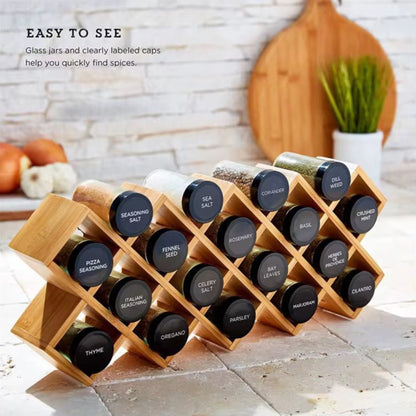 Wooden Spice Rack with 18 Glass Jars and Pre-labelled Sticker Sheet Gha