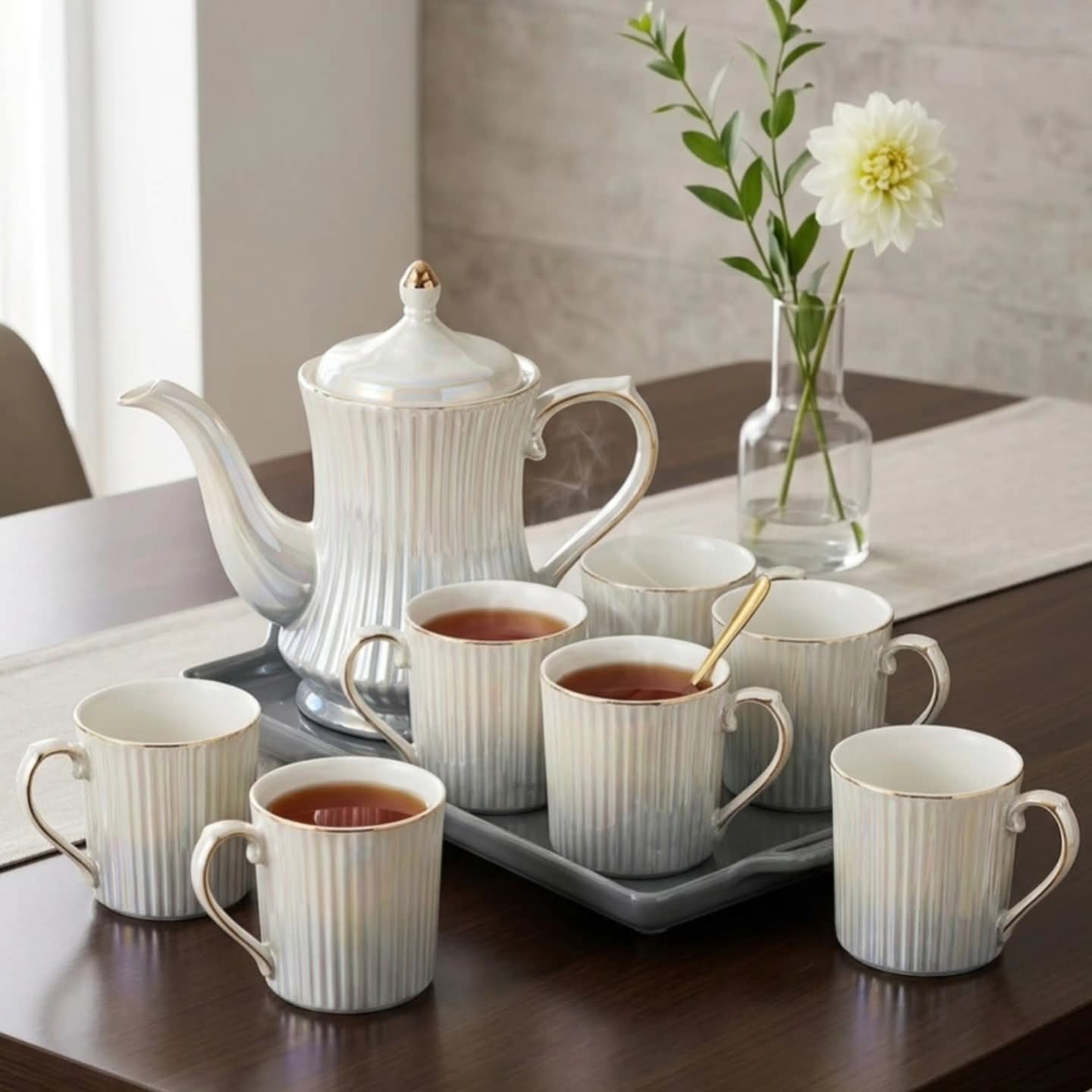 Tea Kettle Cups and Tray