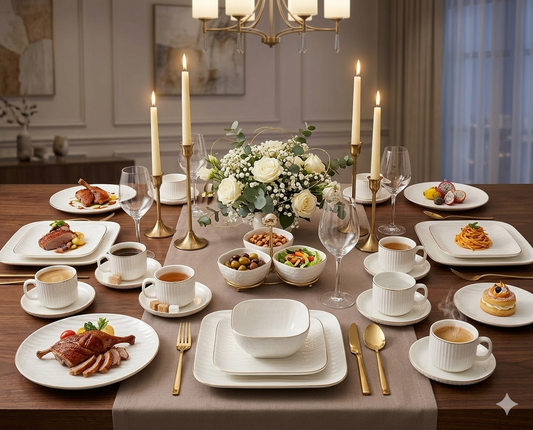 30Pc Ceramic Dinner Set with Gold Trim