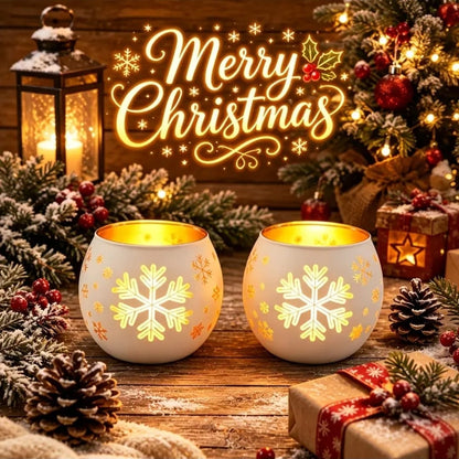 2Pc Christmas Glass Snowflake Tealight Candle  Holders Set Gha