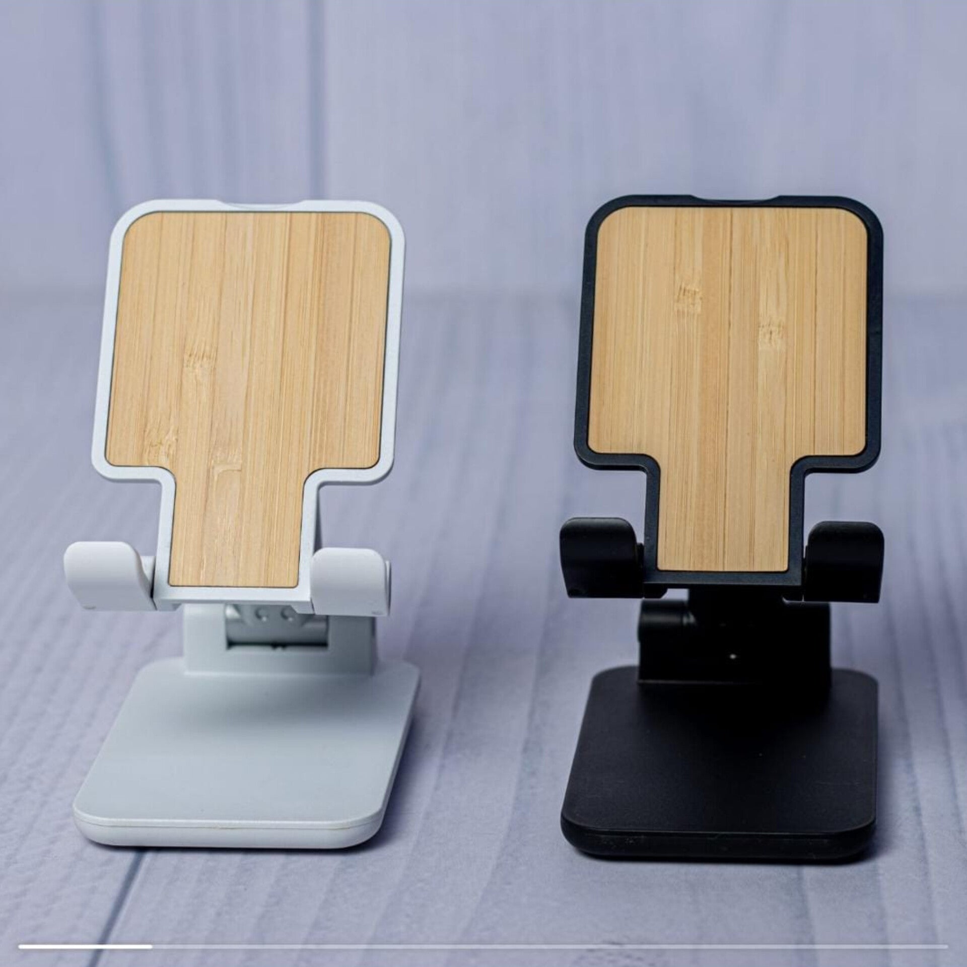 Folding Adjustable Desktop Phone and Tablet Stand with Wood Grain Accent