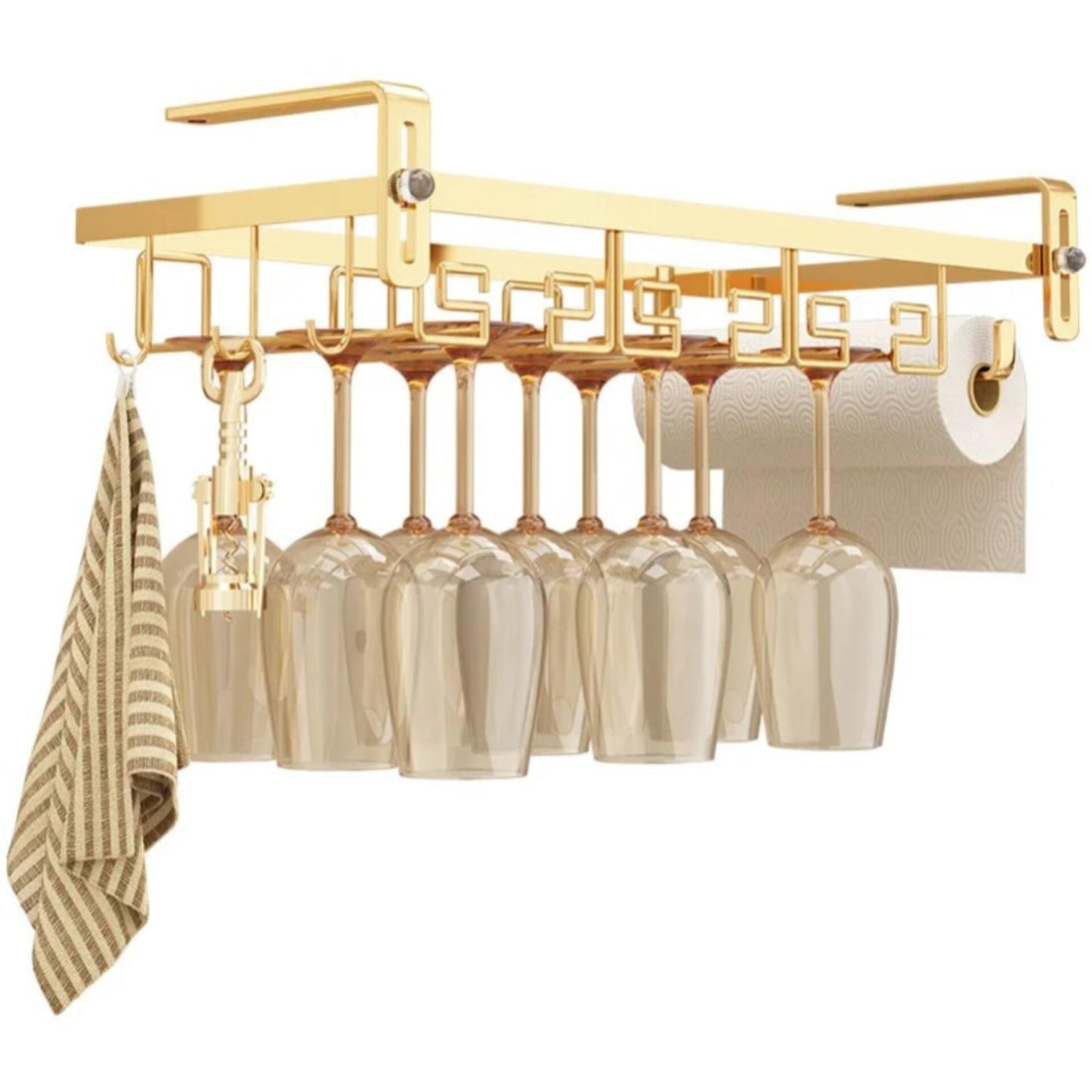 Golden Metallic Under Cabinet Wine Glass and Paper Towel Holder