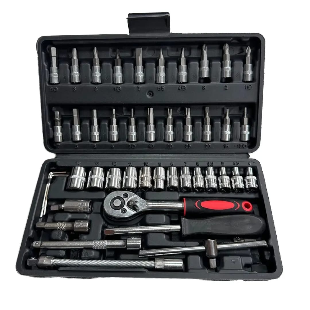 Mechanical tool set with various sockets and tools in a black case 