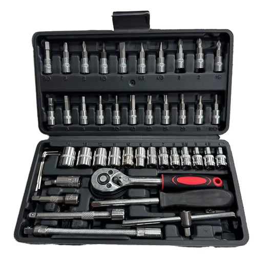 Mechanical tool set with various sockets and tools in a black case 