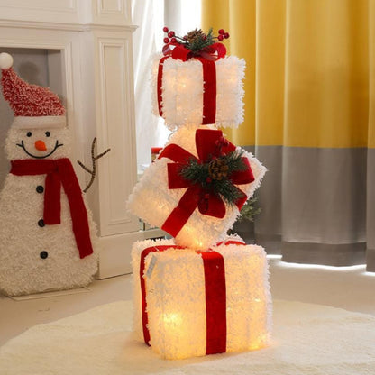 3Pc Christmas gift box decor with lights red ribbon