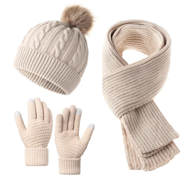 3 in 1 Adult Warm Winter Beanie Scarf Hat Set