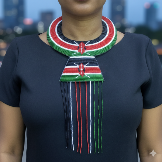 Handcrafted Maasai-style necklace with a beaded geometric bib and cascading strands in the colors of the Kenyan flag