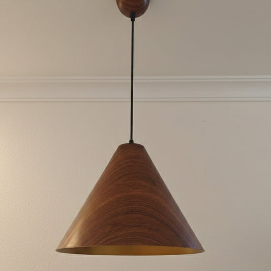Wood Grain Conical Pendant Light With Bulb