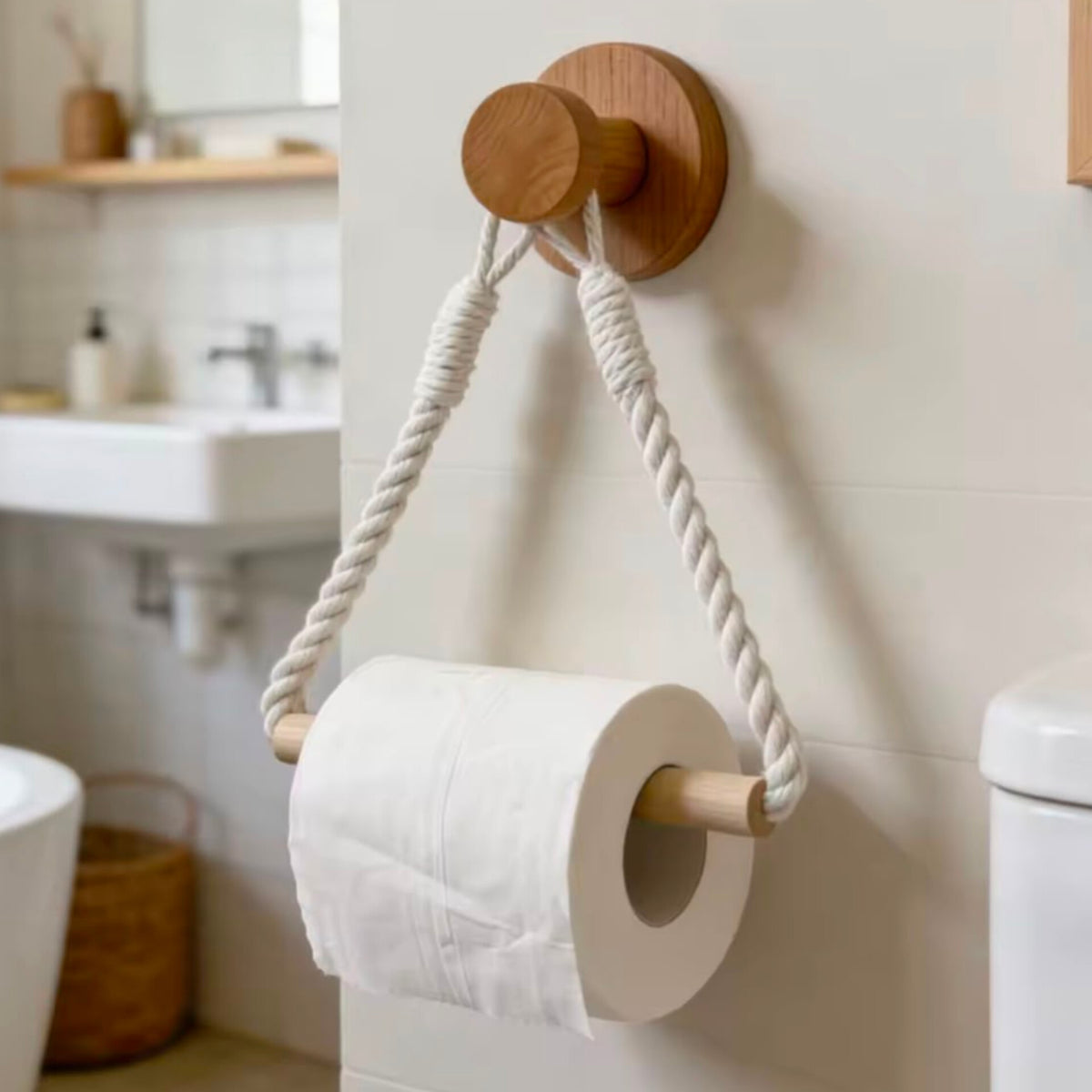 White Cotton Rope and Wooden Rod Paper Holder
