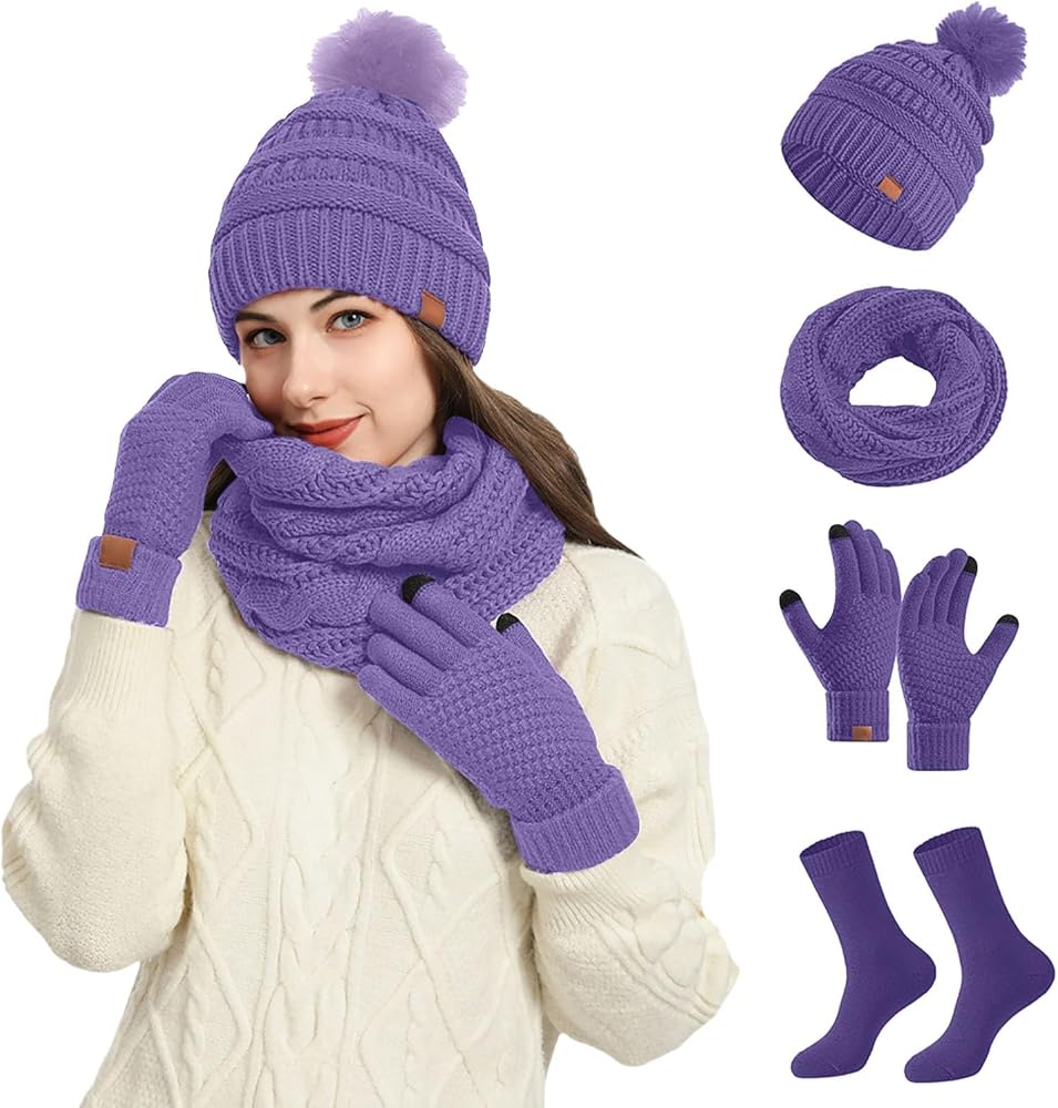 4 Piece Winter  Beanie Hat Scarf Gloves Set