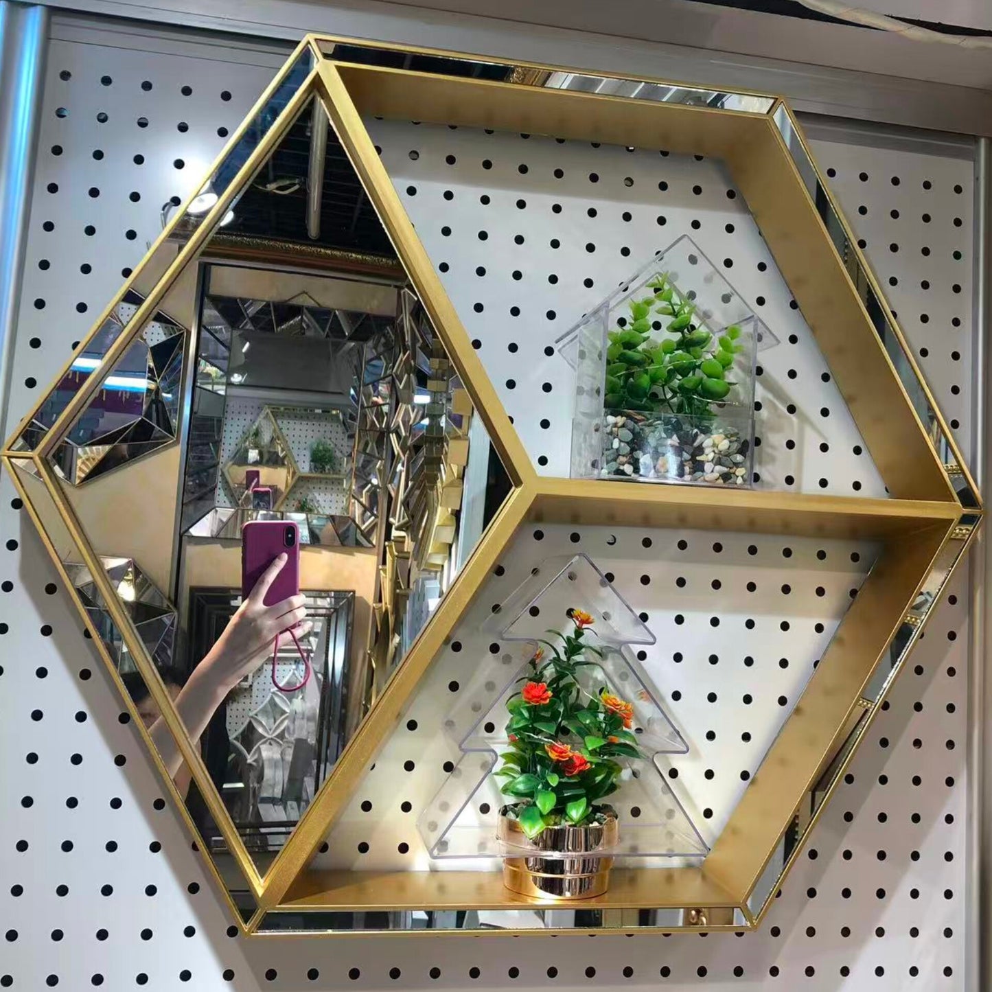 Gold Hexagon Wall Mirror with Display Shelves