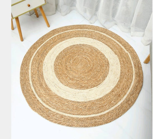Round boho straw rug mat