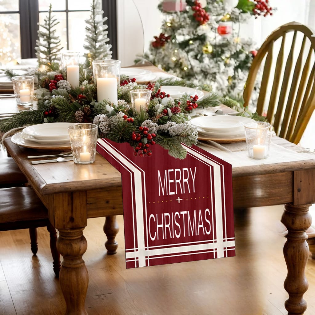 Modern Merry Christmas Red Linen Table Runner with Cream Stripes and Text