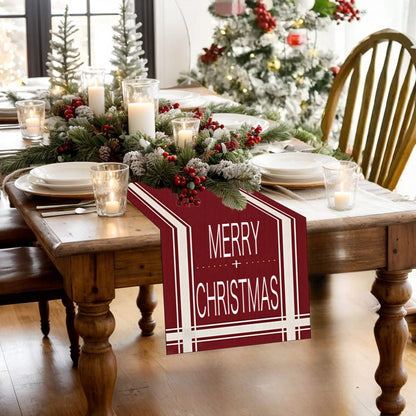 Modern Merry Christmas Red Linen Table Runner with Cream Stripes and Text