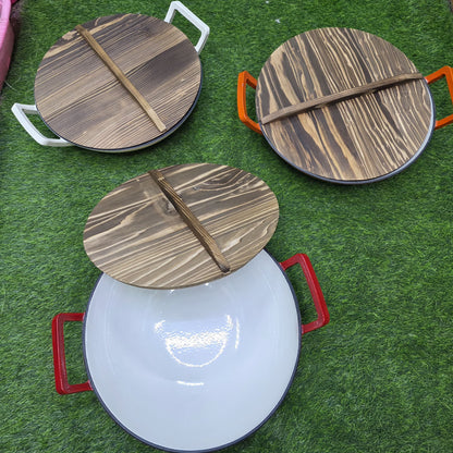 36cm Nonstick Enameled Cast Iron Wok Pan with Wooden Lid