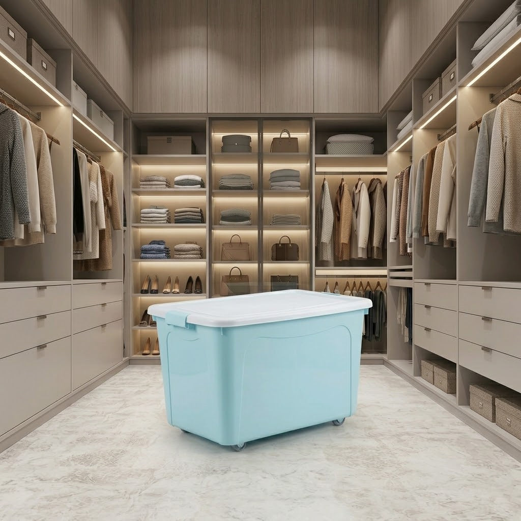 Light blue plastic 260L storage box container with wheels and white lid