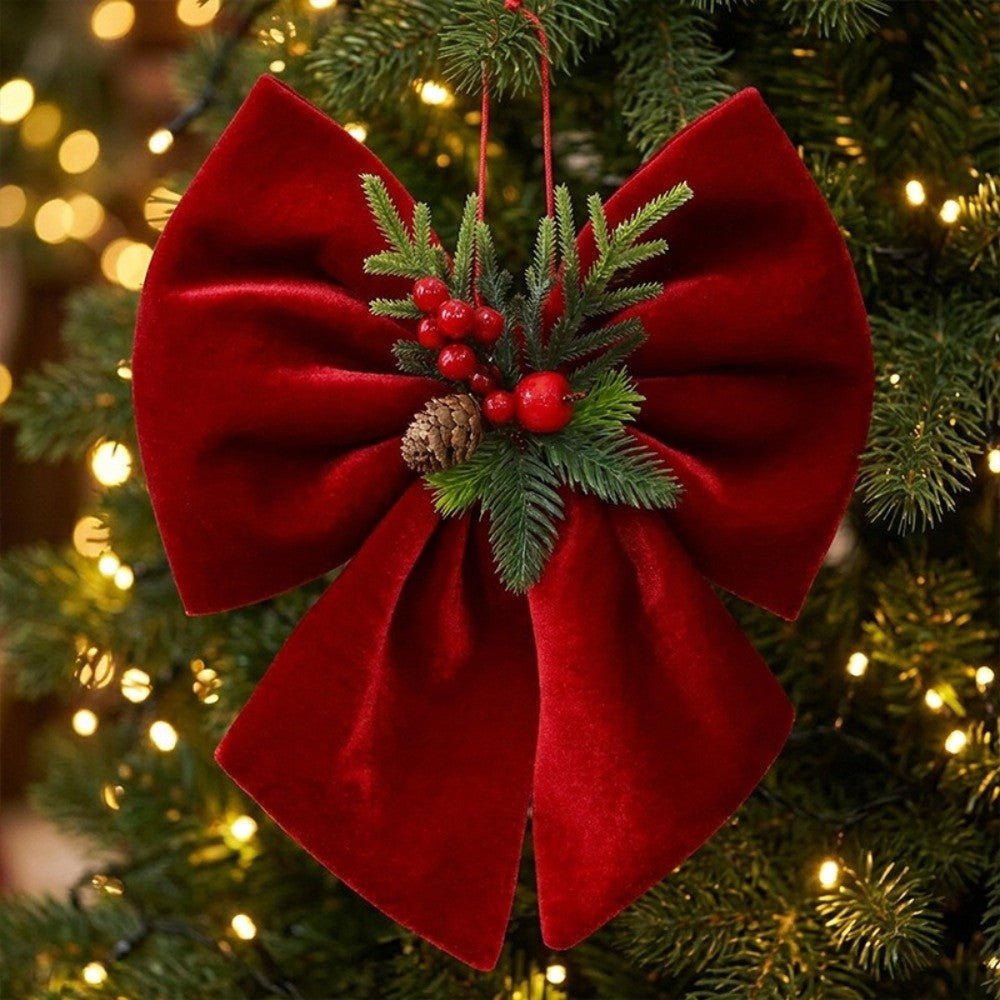 Wine Red Christmas Tree Bow Ornament With Pine Needle And Red Berry Accent