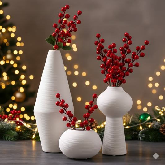3Pc Simple Elegant Ceramic Vases Set with 5 Free Christmas Red Berries