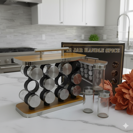 12 Jar handle spice rack with wood-look and stainless steel finish