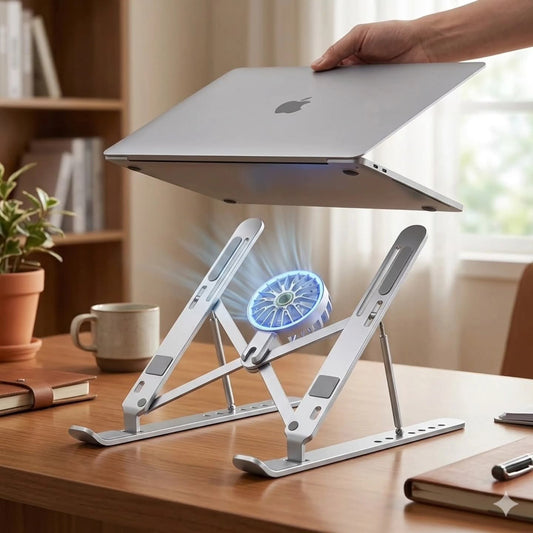 Foldable Metallic Laptop Holder With Inbuilt Cooling Fan